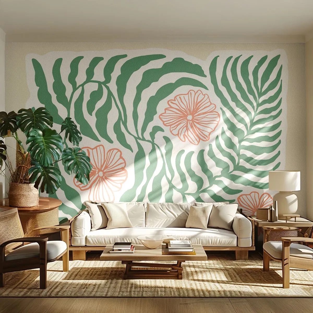 Fototapet Standard Eco - Blomstrede i grønt - Boho, Botanisk, Blomster - 400x280 cm