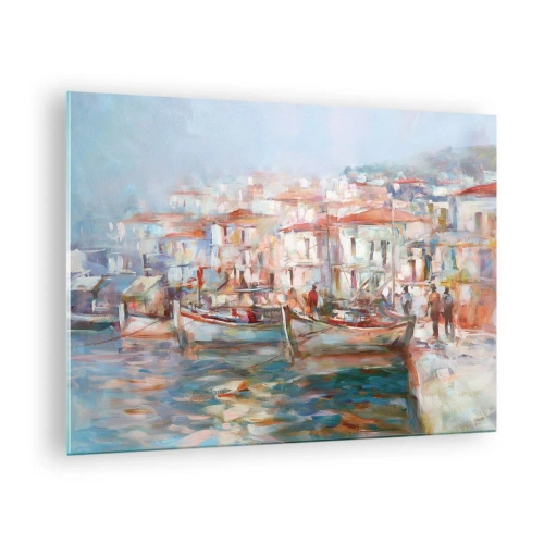 Billede på glas - En malerisk havn med både i pastelfarver - 70x50cm - Pastelfarvede helligdage - Moderne vægdekoration til stue og soveværelse ARTTOR