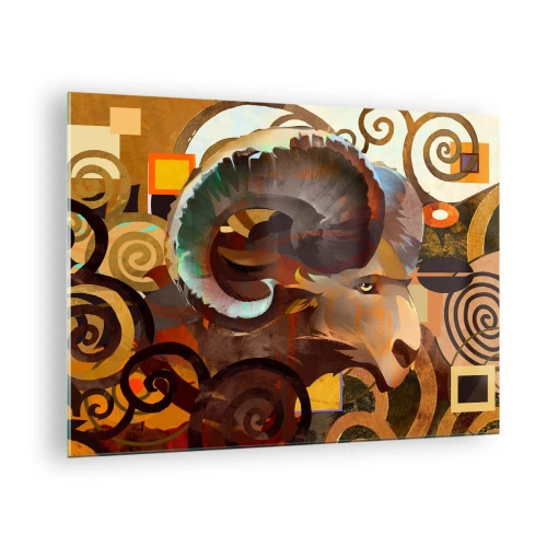 Billede på glas - Et kunstnerisk billede af en vædder i en geometrisk og spiralformet komposition. - 70x50cm - Magier - religioner - ritualer - Moderne vægdekoration til stue og soveværelse ARTTOR