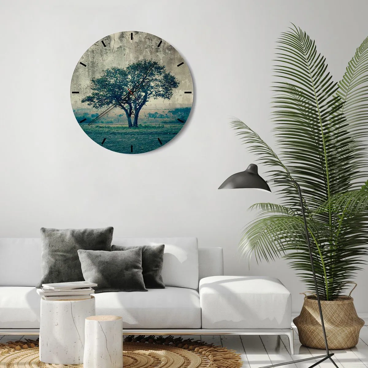 Vægur, Uret - Et ensomt træ mod et blåt landskab - 30x30cm - Et æbletræ på en blå membran? - Moderne vægdekoration til stue, køkken og soveværelse ARTTOR