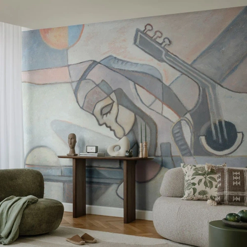 Fototapet Standard Eco - Abstrakt portræt af en kvinde med en guitar i grå nuancer. - 100x70cm - I musikkens kraft - Moderne vægdekoration til stue og soveværelse ARTTOR