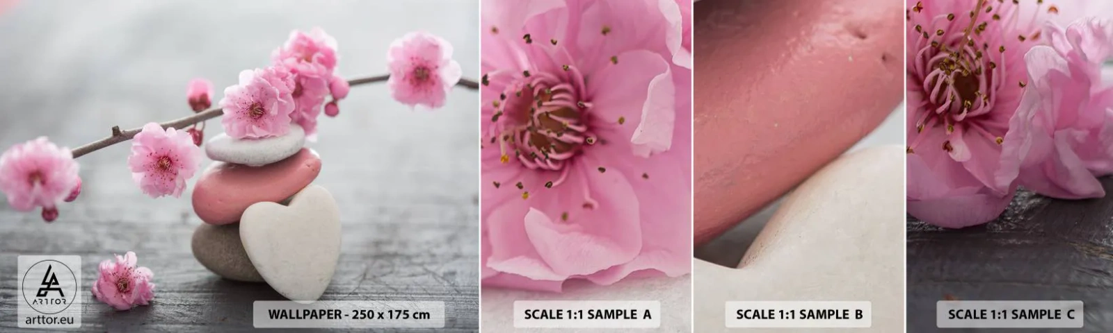 Prøve Fototapet Selvklæbende Deluxe Sticker - Kirsebærblomstens lyksalighed - Hjerte, Blomst, Sten - 100x30 cm