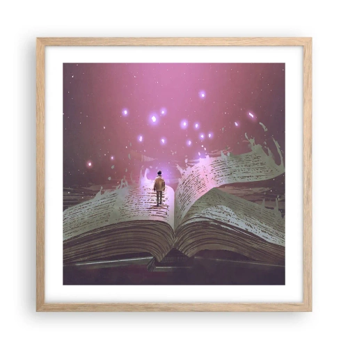 Plakat i ramme af lyst egetræ - En invitation til en anden verden - læs den! - 50x50 cm