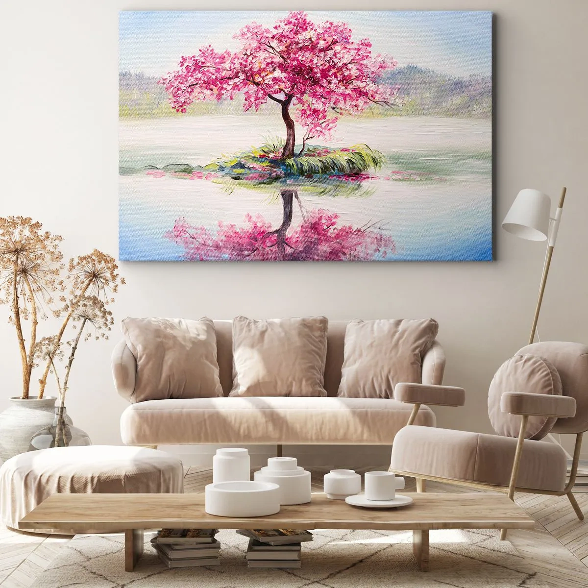 Lærredstryk - Billede på lærred - Et blomstrende træ på stille vand - 70x50cm - Forårsfestival - Moderne vægdekoration til stue og soveværelse ARTTOR