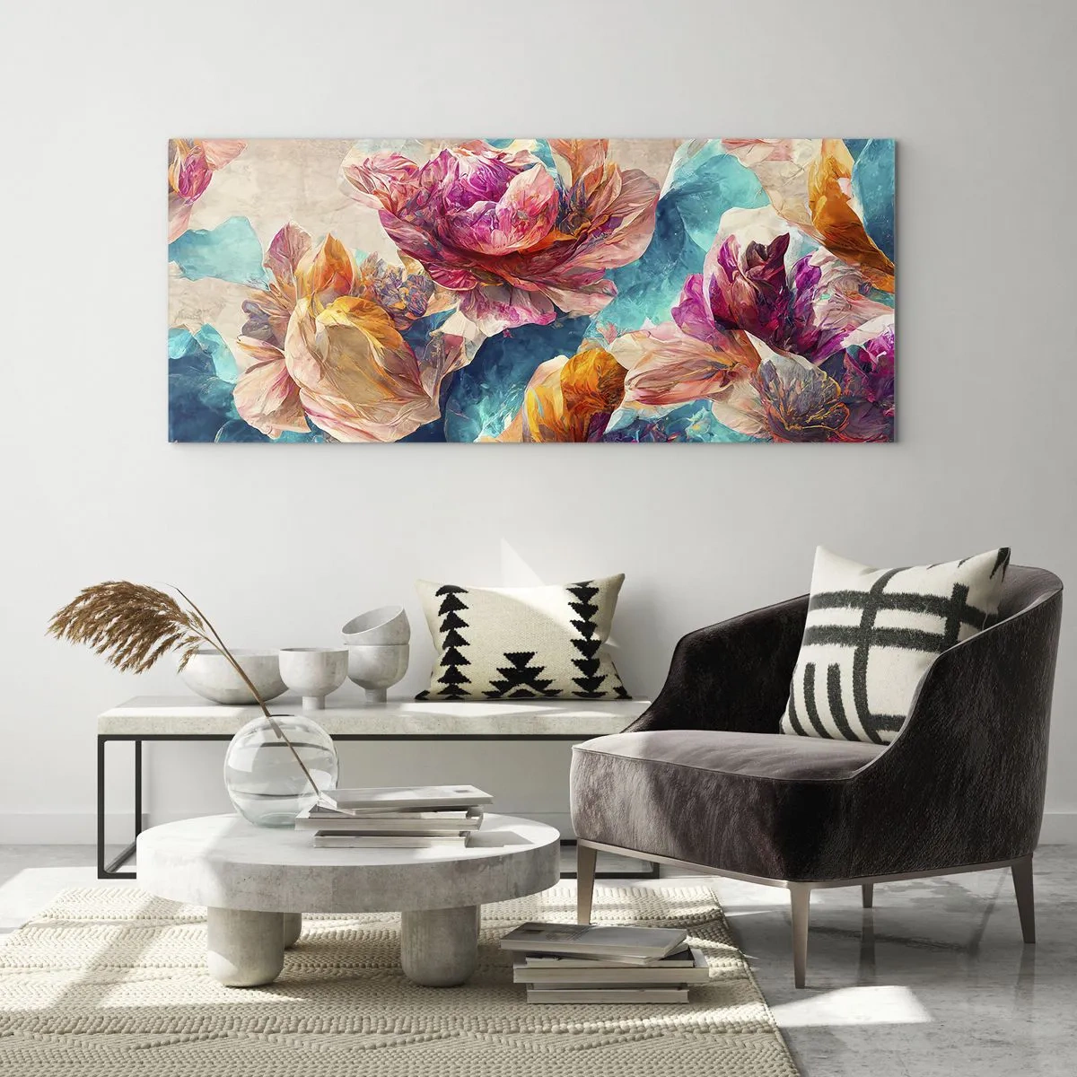 Billede på glas - Den farverige pragt i en buket - 100x40 cm
