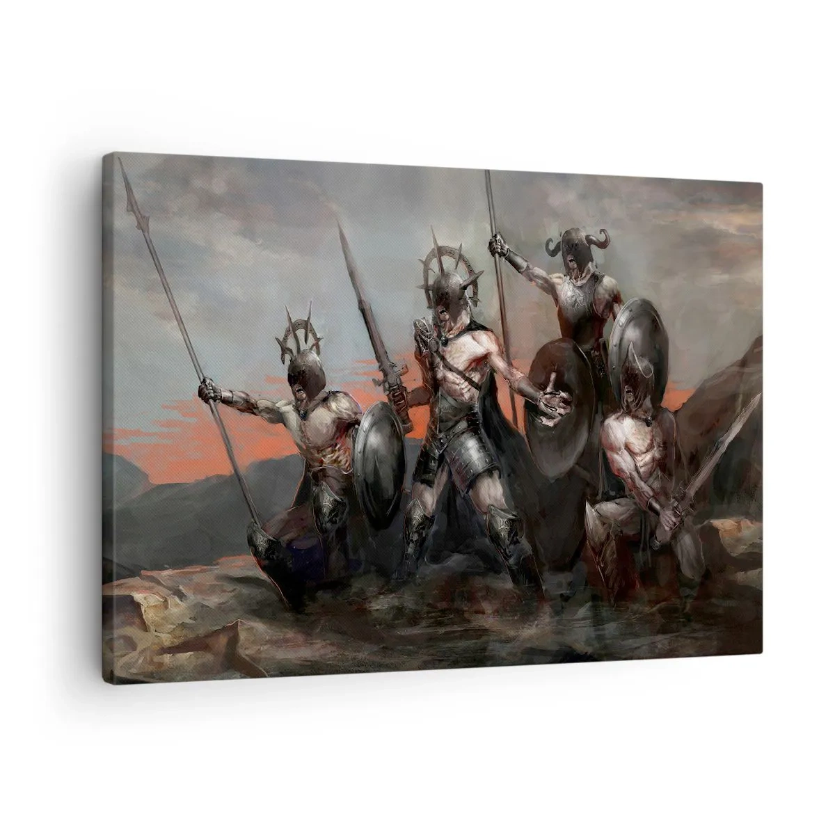 Lærredstryk - Billede på lærred - En gruppe krigere i rustning med spyd mod solnedgangens baggrund - 70x50cm - Med et skjold eller på et skjold - Moderne vægdekoration til stue og soveværelse ARTTOR