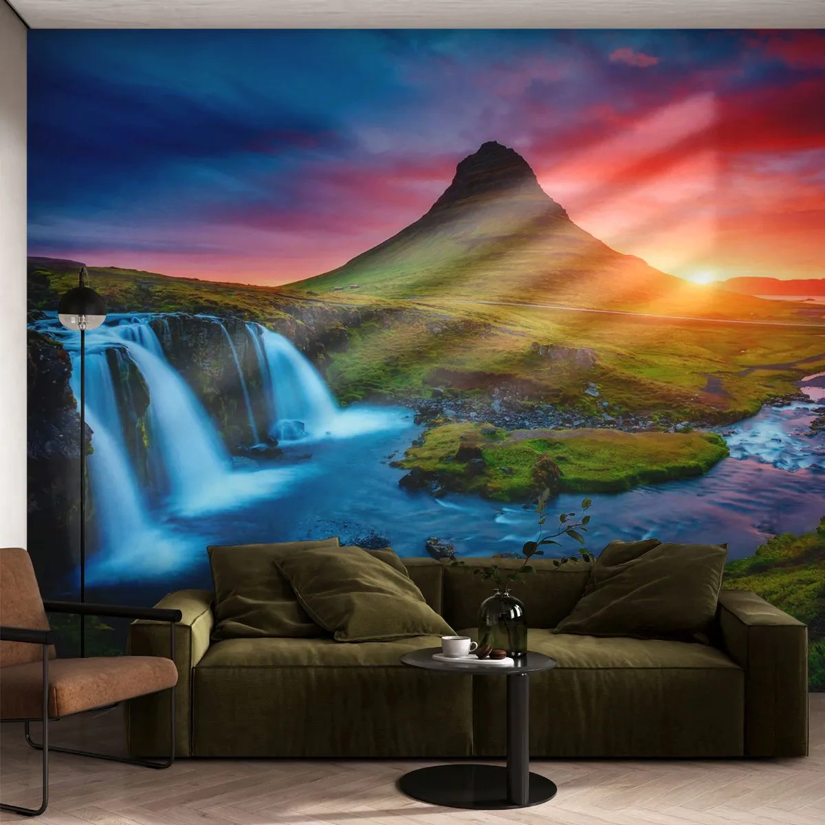 Fototapet Premium Sand - Island - ild og vand - Landskab, Island, Kirkjufellsfoss - 100x70 cm