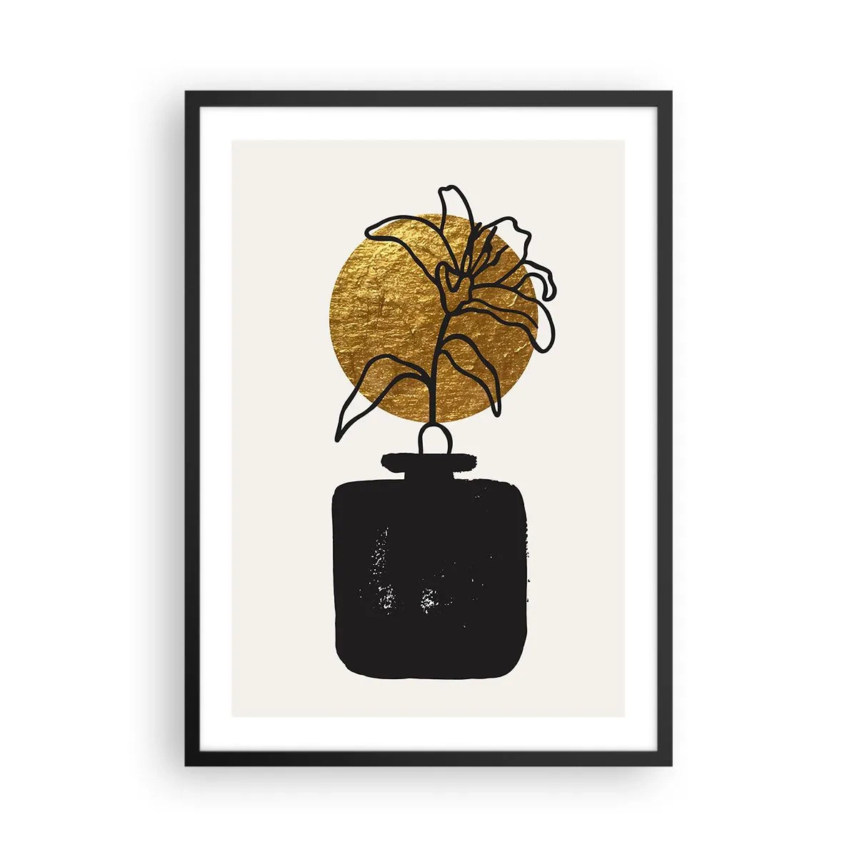 Plakat i sort ramme - Abstrakt komposition med en blomst og en gylden cirkel - 50x70cm - Skønhed i balance - Moderne vægdekoration til stue og soveværelse ARTTOR