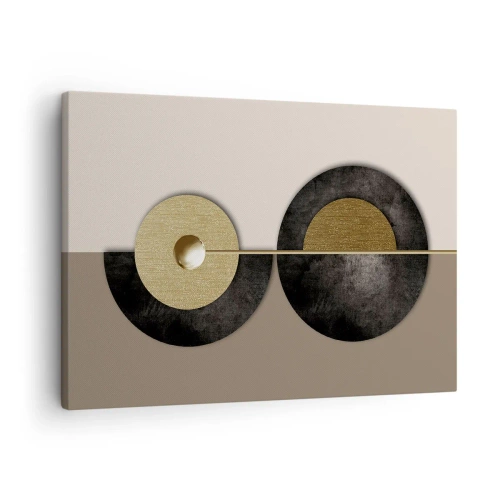Lærredstryk - Billede på lærred - Abstrakte cirkler i nuancer af guld og brun - 70x50cm - Variationer omkring en cirkel - Moderne vægdekoration til stue og soveværelse ARTTOR