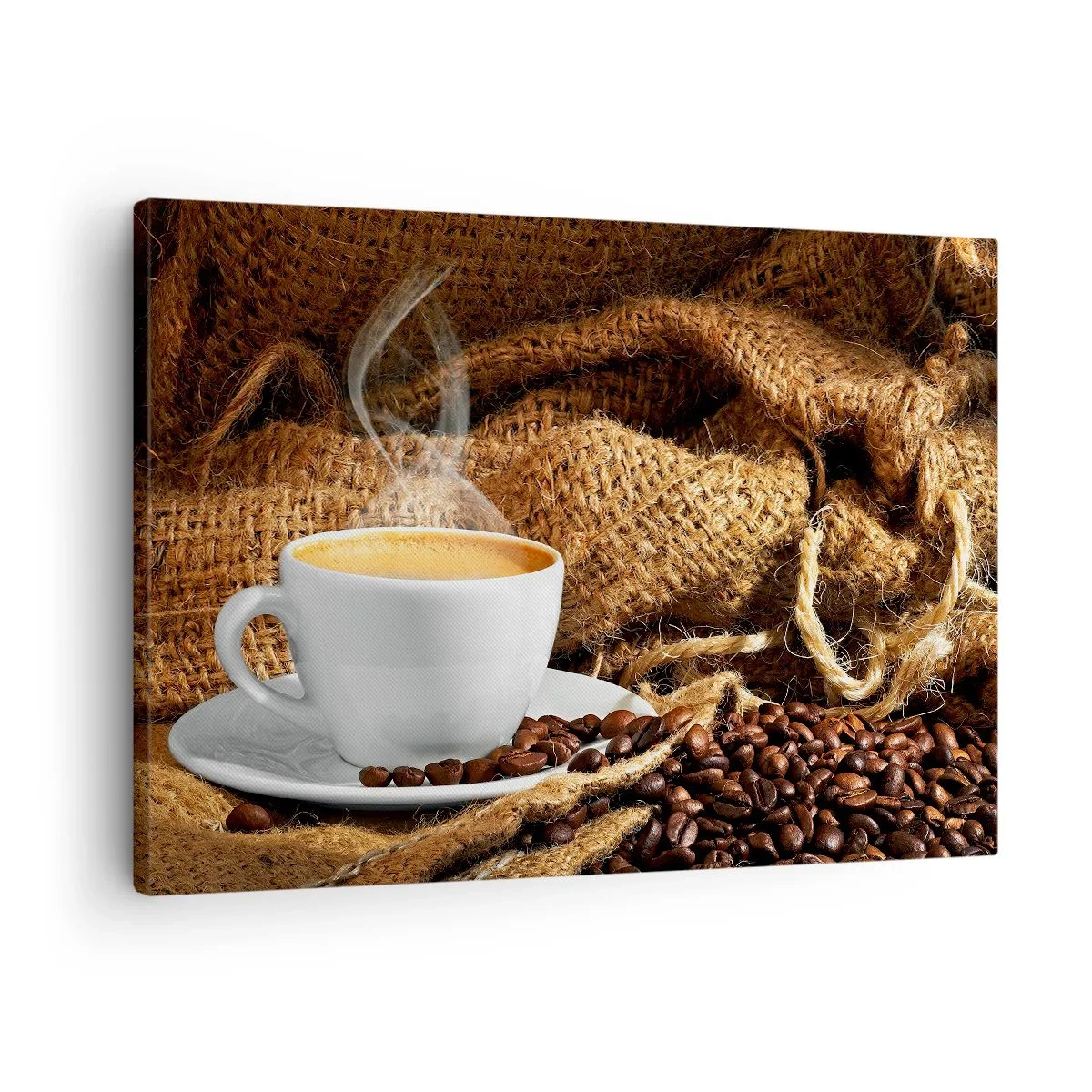 Lærredstryk - Billede på lærred - En kop kaffe omgivet af en pose kaffebønner - 70x50cm - Duften af mokka og honningvæskens tæthed - Moderne vægdekoration til stue og soveværelse ARTTOR