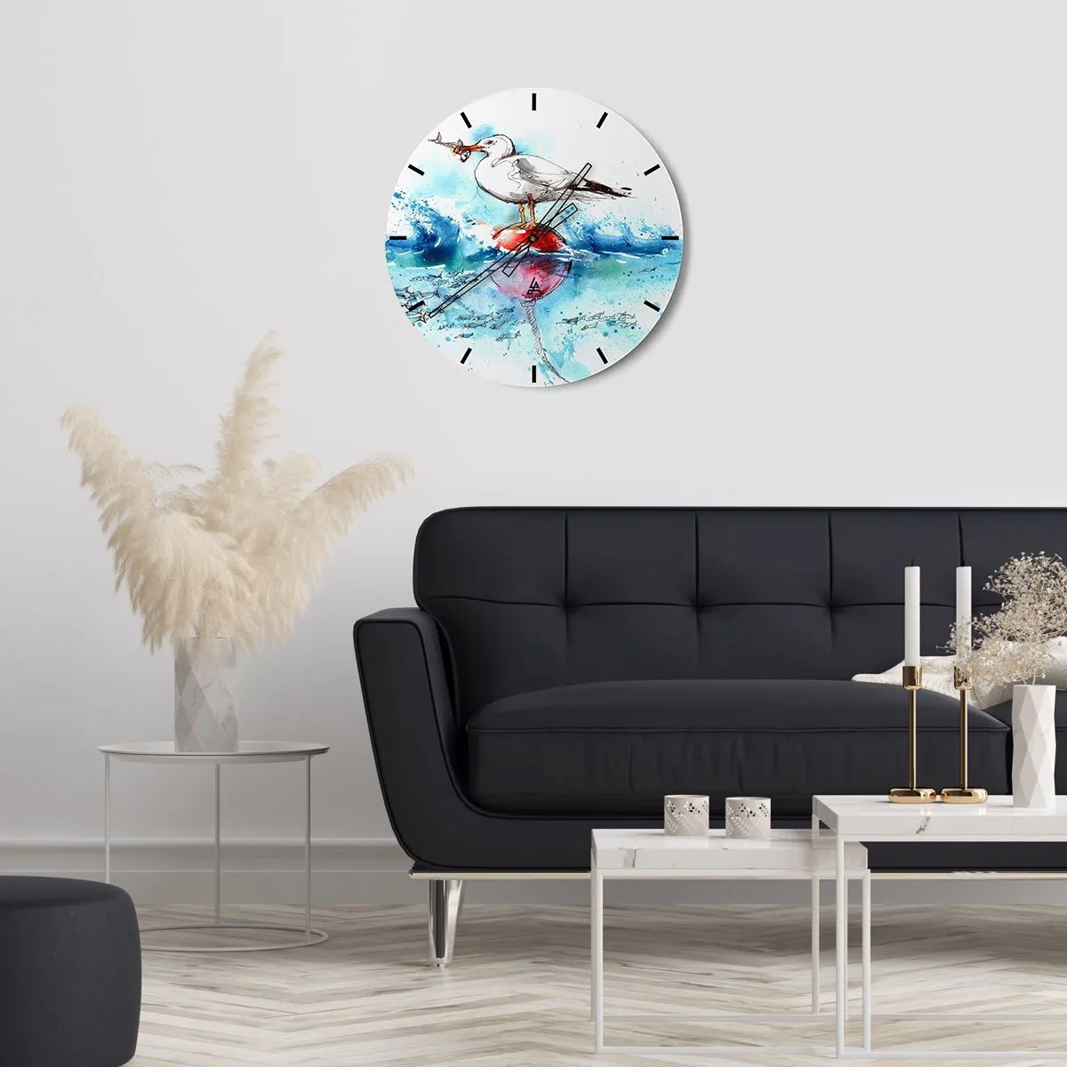 Vægur, Uret - En måge med en fisk på en bøje blandt bølgerne, afbildet i akvarelstil - 30x30cm - Succesfuldt fiskeri - Moderne vægdekoration til stue, køkken og soveværelse ARTTOR