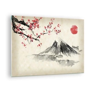Billede på glas - Japansk akvarelmaleri af et bjerg og en blomstrende gren - 70x50cm - Bliv forelsket i Japan - Moderne vægdekoration til stue og soveværelse ARTTOR