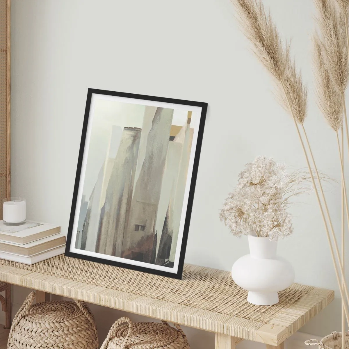 Plakat i sort ramme - Abstrakt arkitektur i dæmpede farver - 50x70cm - En drøm om byen - Moderne vægdekoration til stue og soveværelse ARTTOR
