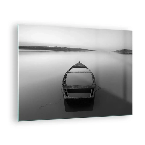 Billede på glas - En gammel båd på en rolig vandoverflade i sort-hvid - 70x50cm - Længsel og melankoli - Moderne vægdekoration til stue og soveværelse ARTTOR