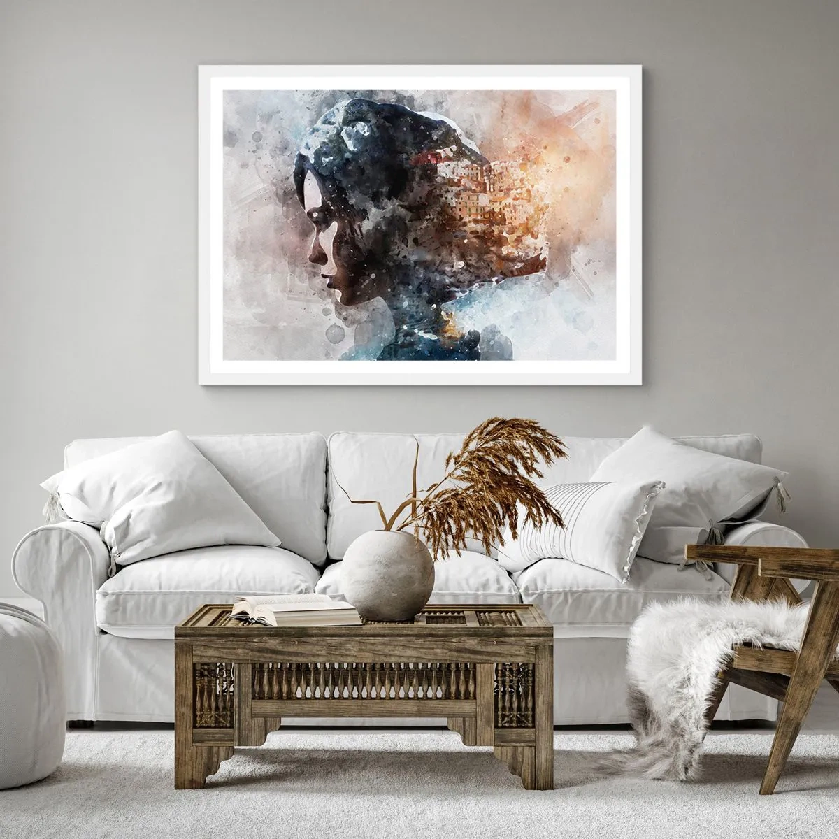 Plakat i hvid ramme - Historien om en pige med en by i baggrunden - 40x40 cm