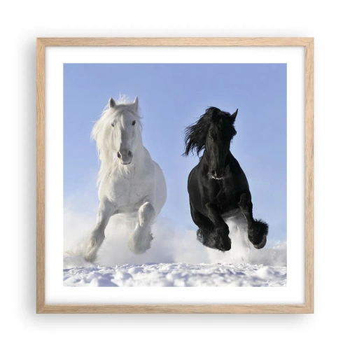 Plakat i ramme af lyst egetræ - Sort og hvid galop - 50x50 cm