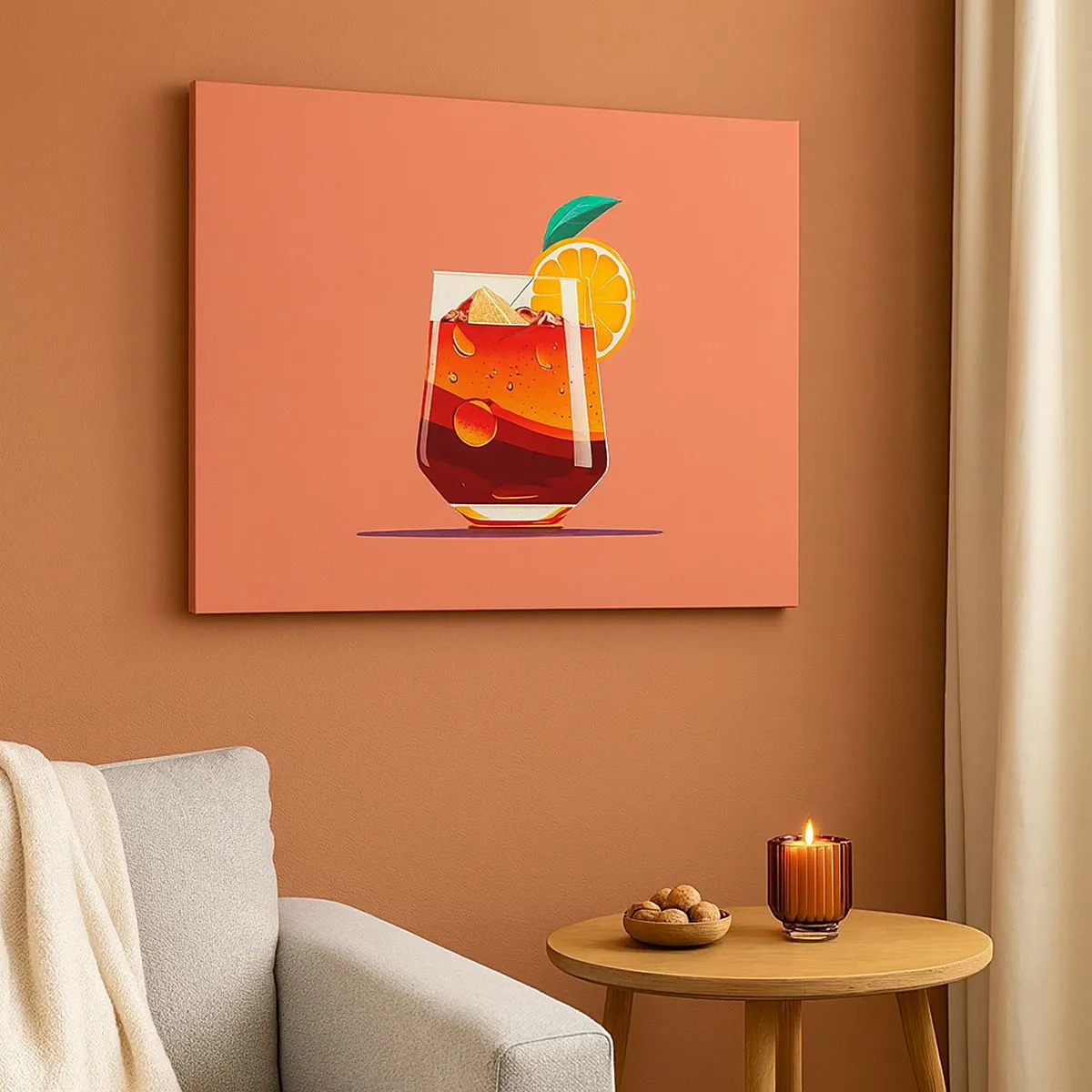 Lærredstryk - Billede på lærred - Et glas drink og en appelsinskive på en orange baggrund - 70x50cm - Sommerens forfriskning - Moderne vægdekoration til stue og soveværelse ARTTOR