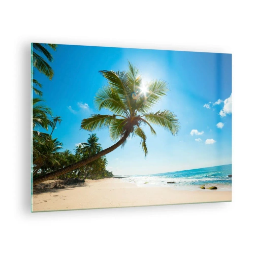 Billede på glas - Tropisk strand med palmer og blå himmel - 70x50cm - Du må ikke vise nogen - Moderne vægdekoration til stue og soveværelse ARTTOR