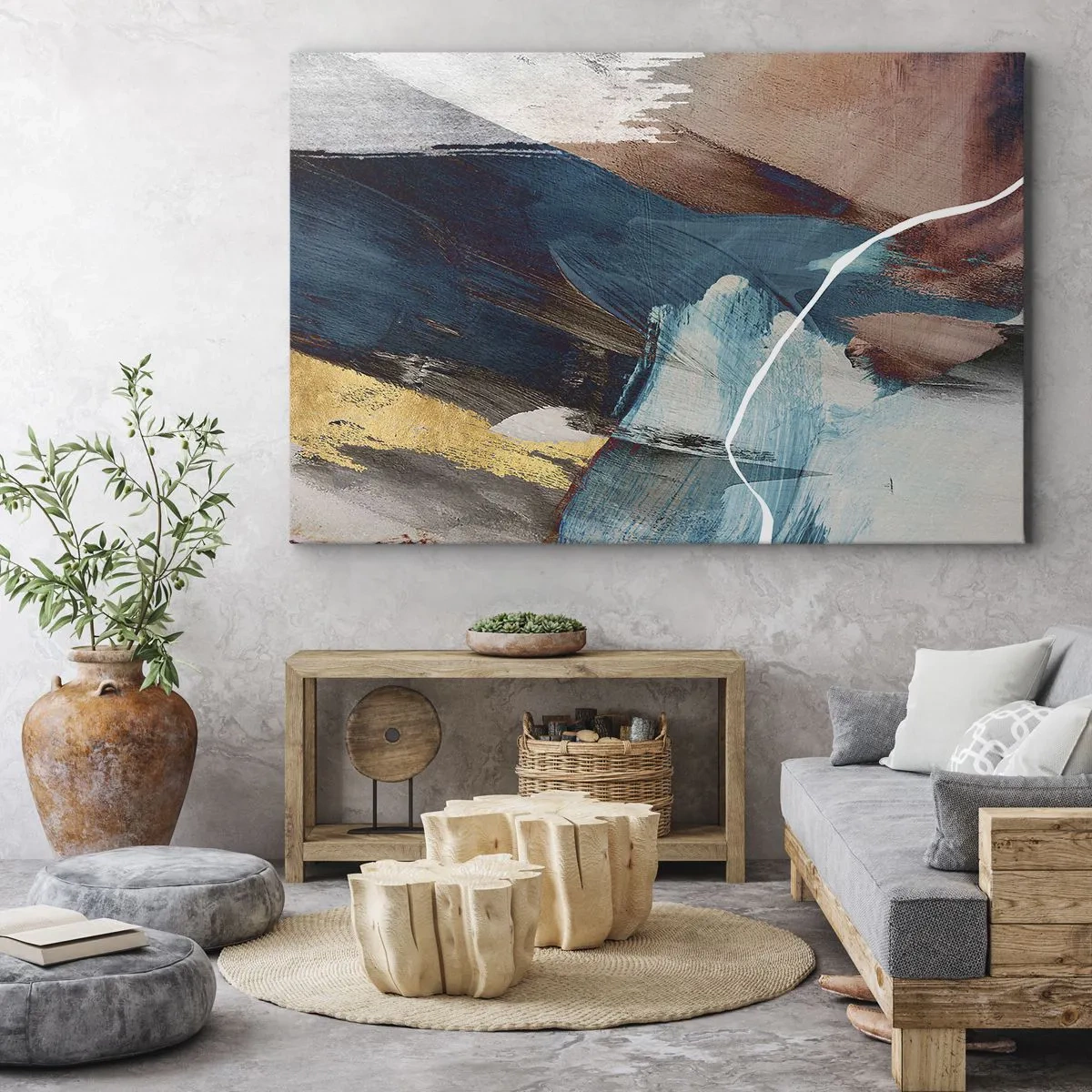 Lærredstryk - Billede på lærred - Abstrakte penselstrøg i nuancer af blå og guld - 70x50cm - Med flair og energi - Moderne vægdekoration til stue og soveværelse ARTTOR
