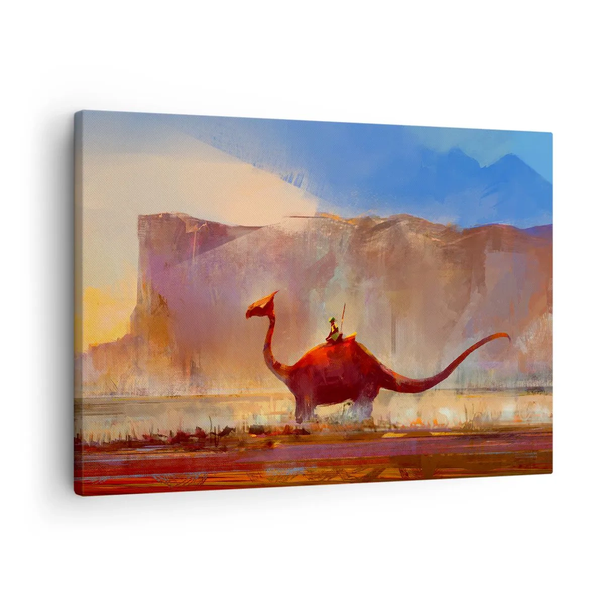 Lærredstryk - Billede på lærred - En fantasiscene med en rytter på en forhistorisk skabning - 70x50cm - Hvis de ikke var uddøde - Moderne vægdekoration til stue og soveværelse ARTTOR