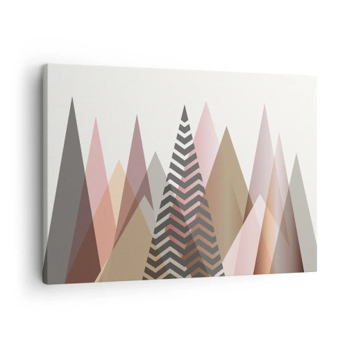 Lærredstryk - Billede på lærred - Farverige geometriske bjerge i pastelfarver - 70x50cm - Pyramide udsigt - Moderne vægdekoration til stue og soveværelse ARTTOR