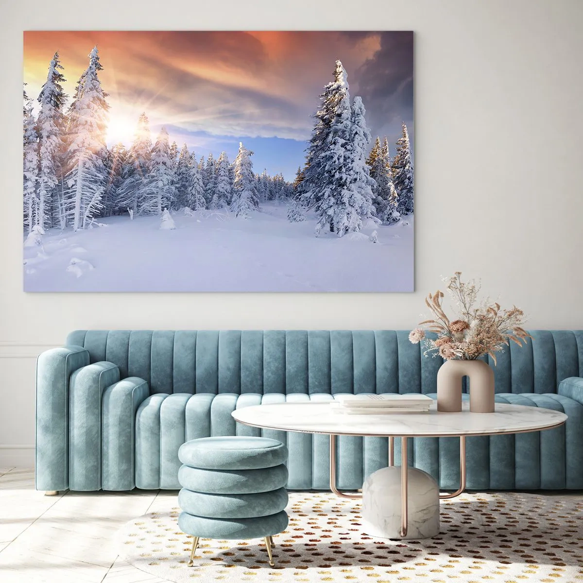Billede på glas - Vinterlandskab med snedækkede træer ved solnedgang - 70x50cm - Et snedækket naturspektakel - Moderne vægdekoration til stue og soveværelse ARTTOR