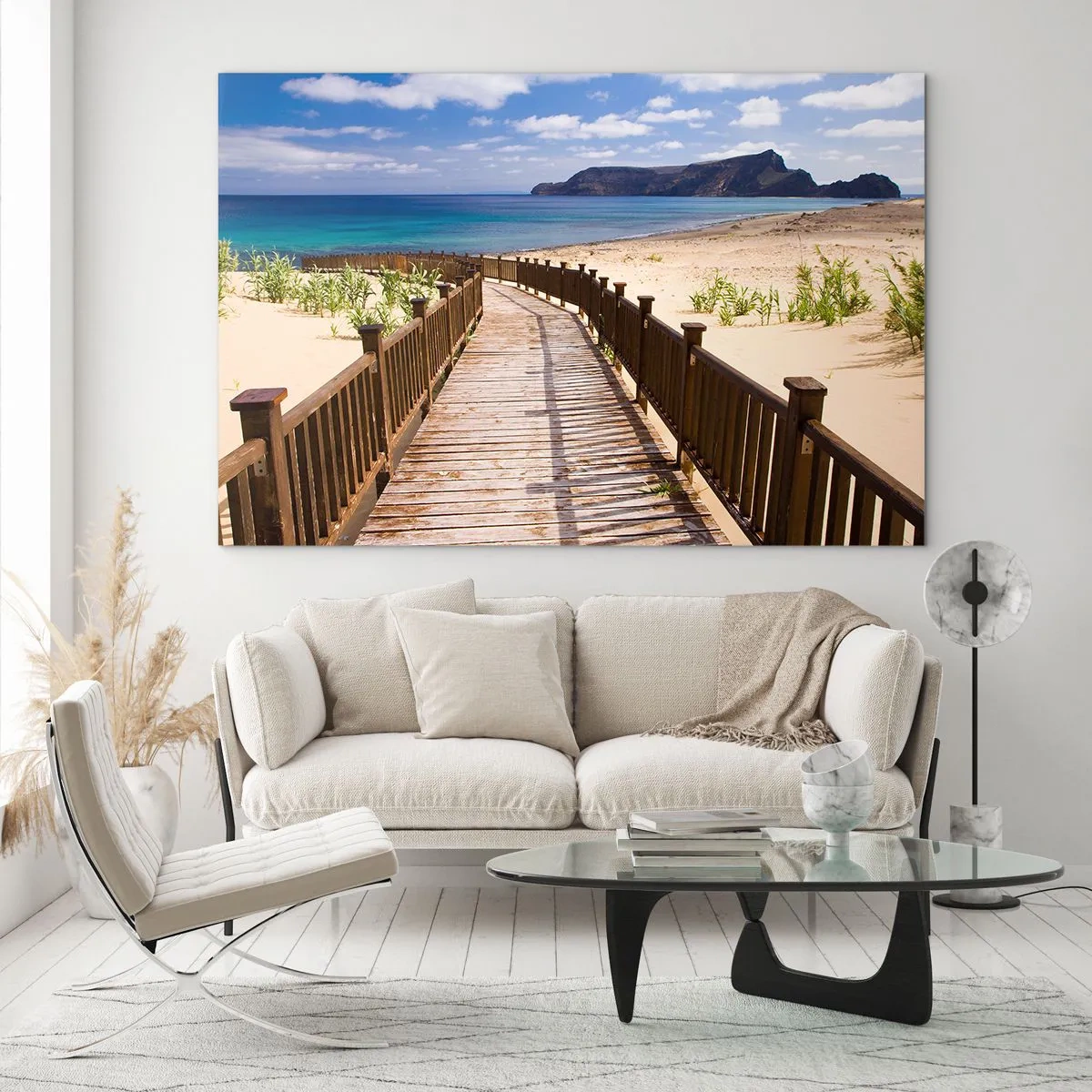 Billede på glas - Træsti på stranden, der fører til havet - 70x50cm - Tag mig med til de glade øer - Moderne vægdekoration til stue og soveværelse ARTTOR