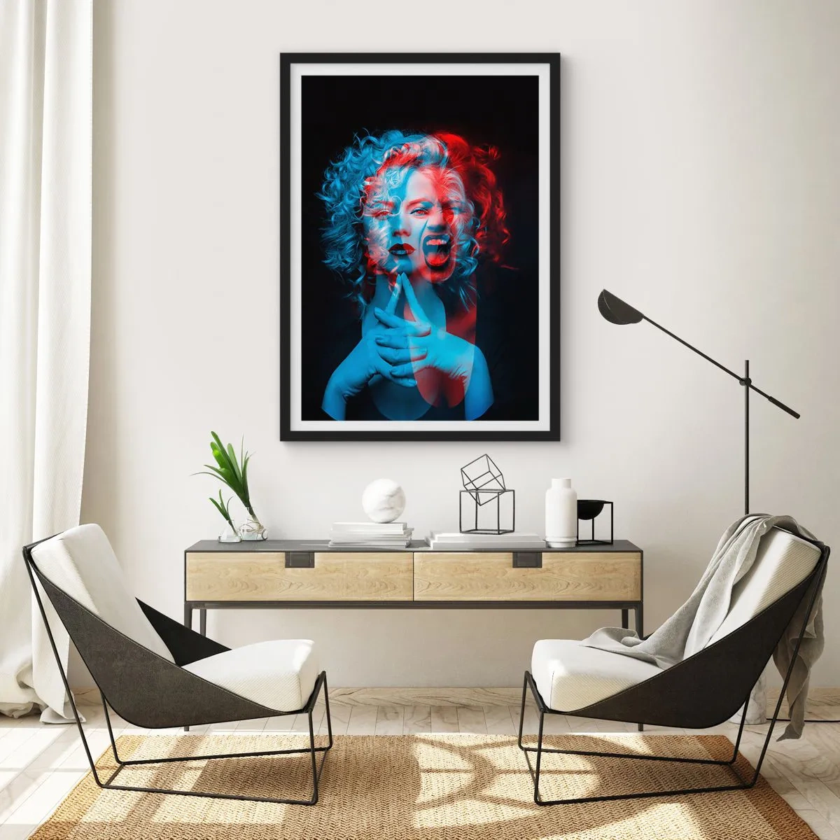 Plakat i sort ramme - Kunstnerisk portræt af en kvinde i 3D-effekter i rødt og blåt. - 50x70cm - Alter ego - Moderne vægdekoration til stue og soveværelse ARTTOR