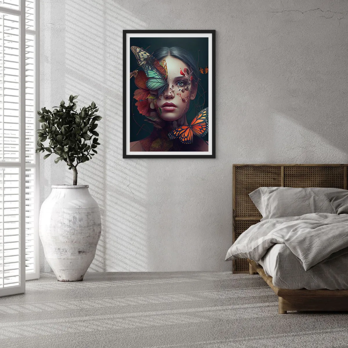 Plakat i sort ramme - Portræt af en kvinde med sommerfugle og blade - 50x70cm - En vidunderlig metamorfose - Moderne vægdekoration til stue og soveværelse ARTTOR