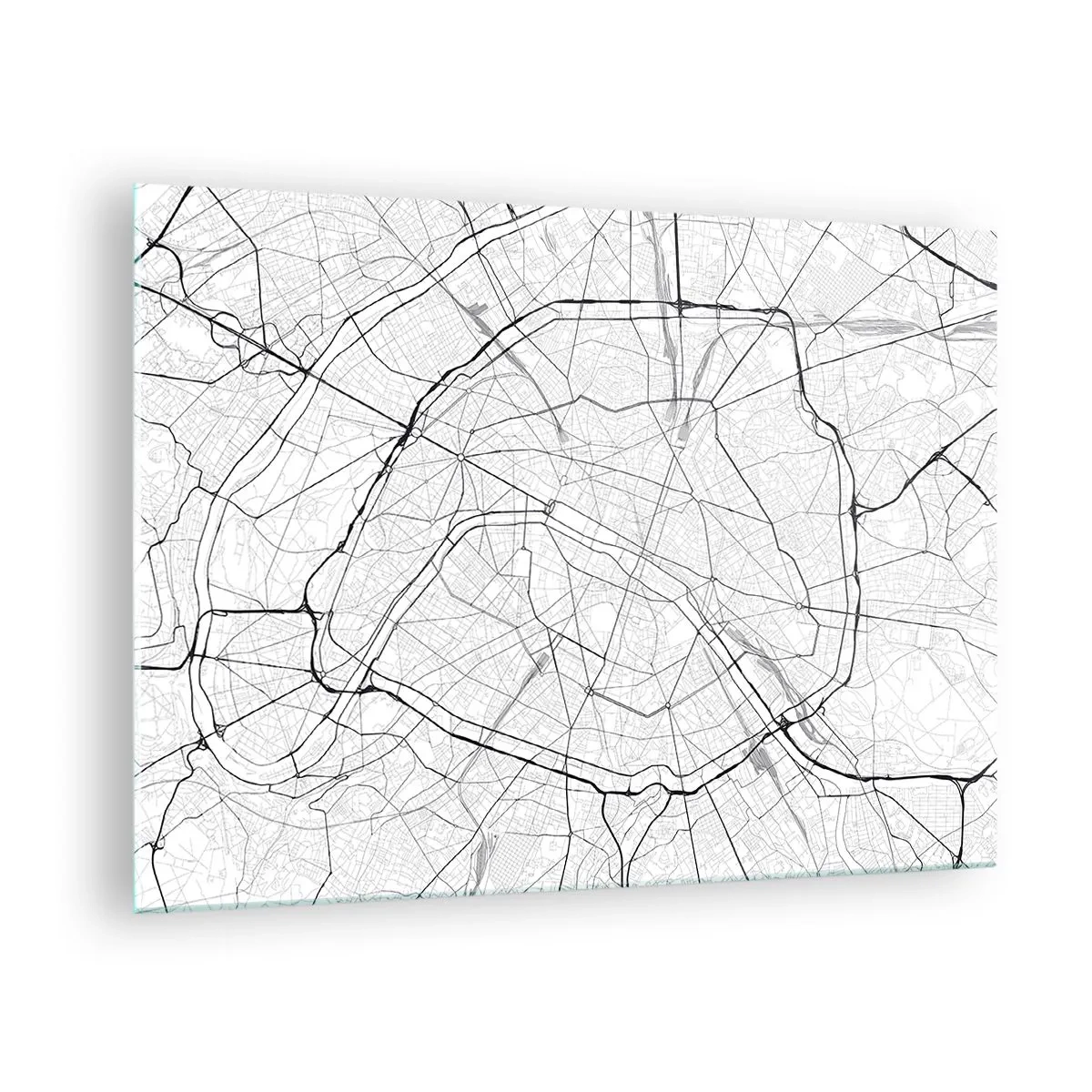 Billede på glas - Sort-hvidt bykort med gaderit og cirkulære hovedfærdselsårer - 70x50cm - Paris' blomst - Moderne vægdekoration til stue og soveværelse ARTTOR