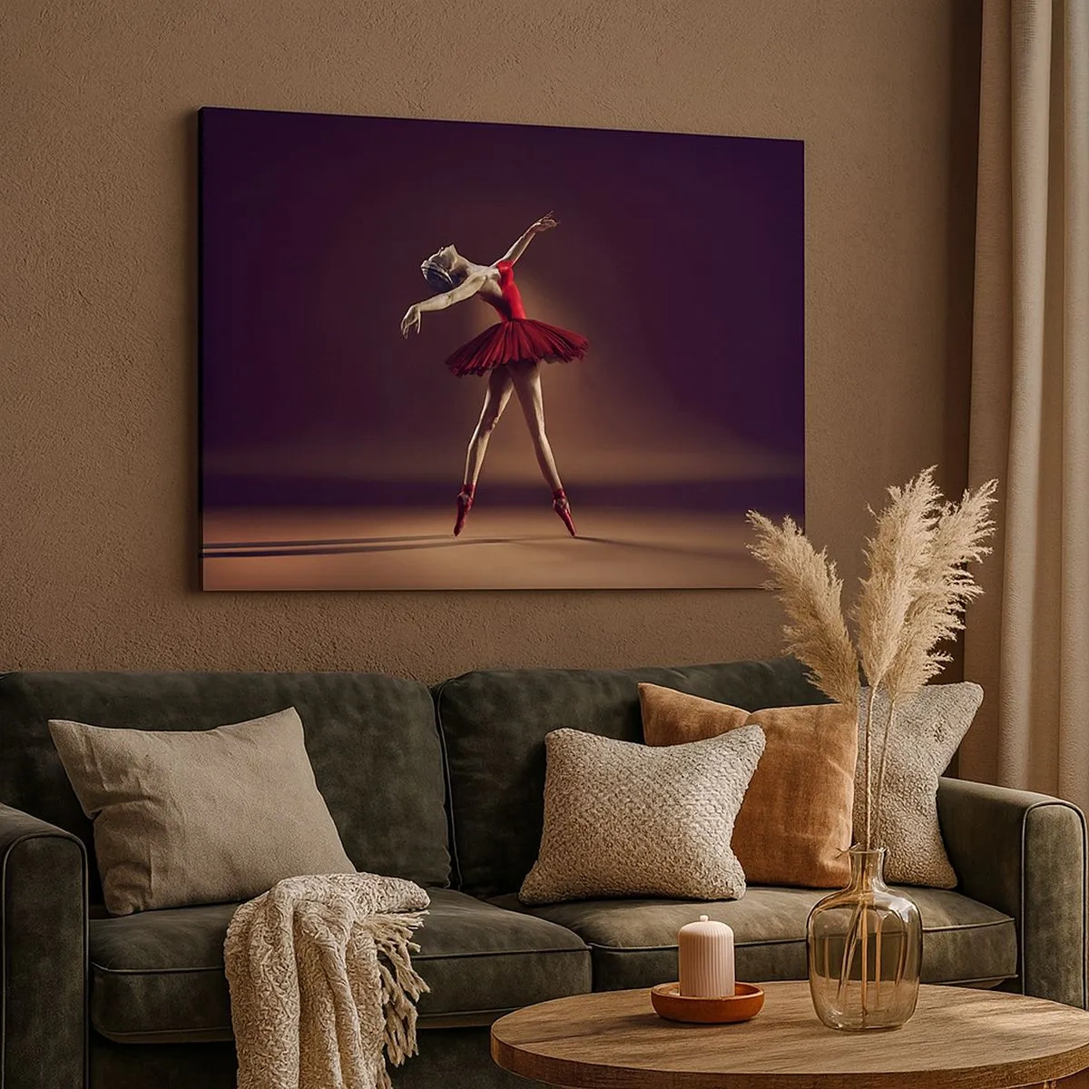 Lærredstryk - Billede på lærred - En balletdanser i en rød kjole mod en scenes baggrund - 70x50cm - Prima ballerina - Moderne vægdekoration til stue og soveværelse ARTTOR