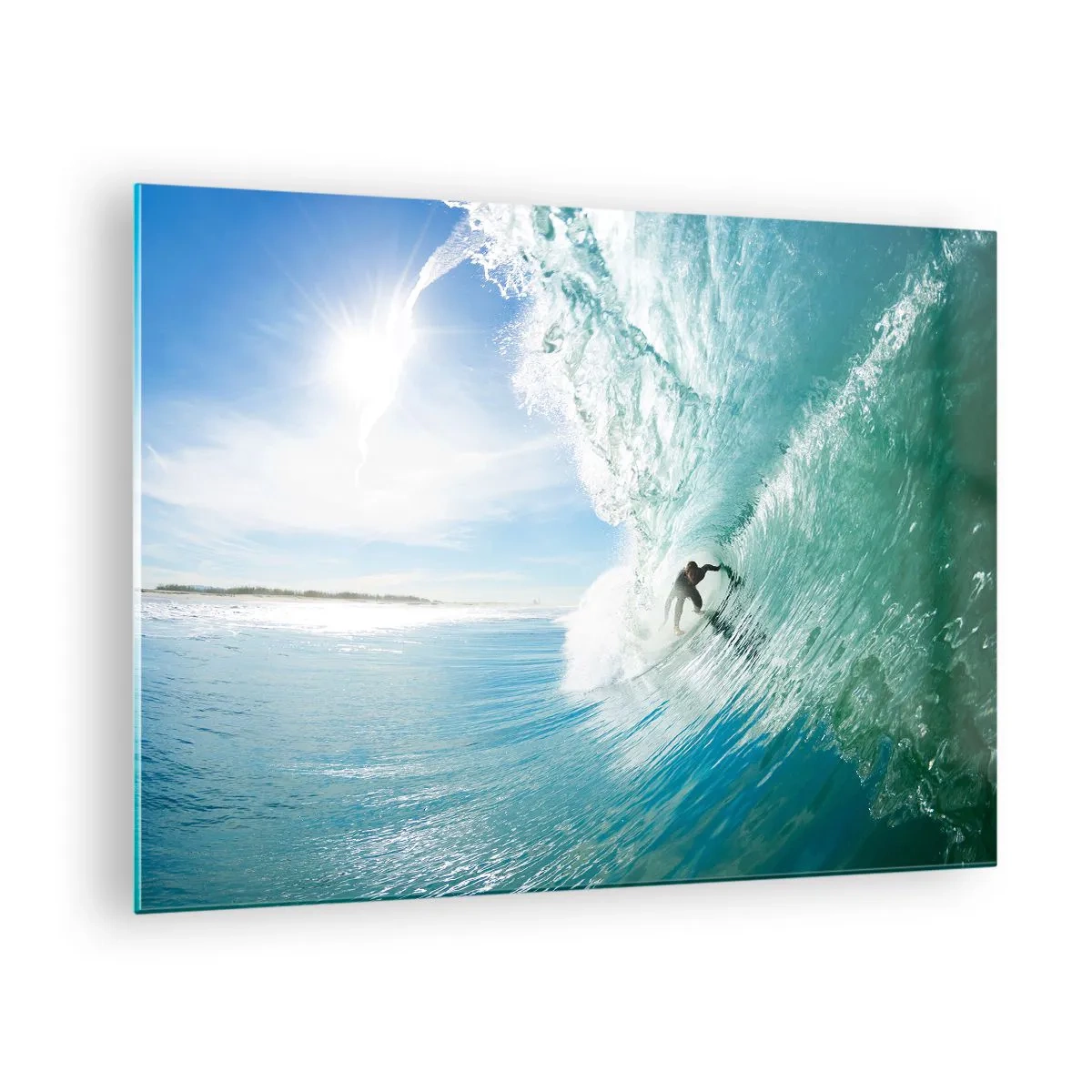 Billede på glas - En surfer rider på en bølge mod en blå himmel - 70x50cm - Altid på bølgen - Moderne vægdekoration til stue og soveværelse ARTTOR