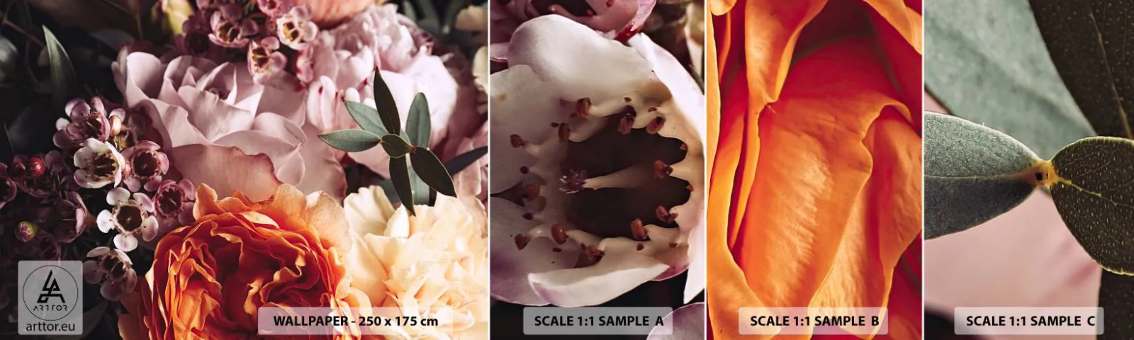 Prøve Fototapet Selvklæbende Deluxe Sticker - Indhyllet i skønhed - Blomster, Buket blomster, Rose - 100x30 cm