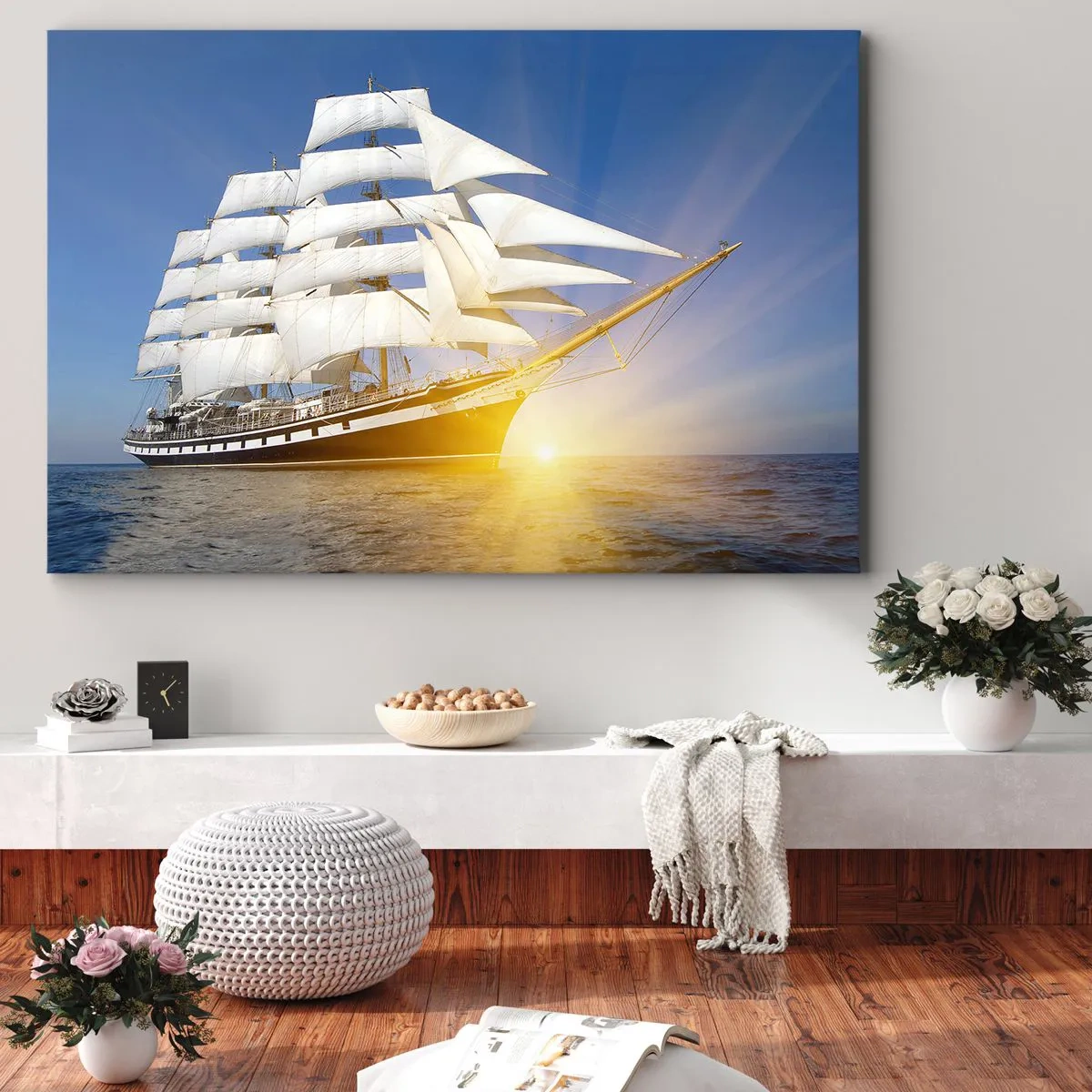 Lærredstryk - Billede på lærred - Et sejlskib til søs i lyset af den nedgående sol - 70x50cm - Deres tid vil aldrig gå forbi - Moderne vægdekoration til stue og soveværelse ARTTOR