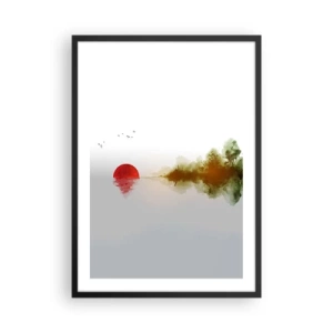 Plakat i sort ramme - Et minimalistisk landskab med en rød sol og en sø. - 50x70cm - Et løfte om fred - Moderne vægdekoration til stue og soveværelse ARTTOR