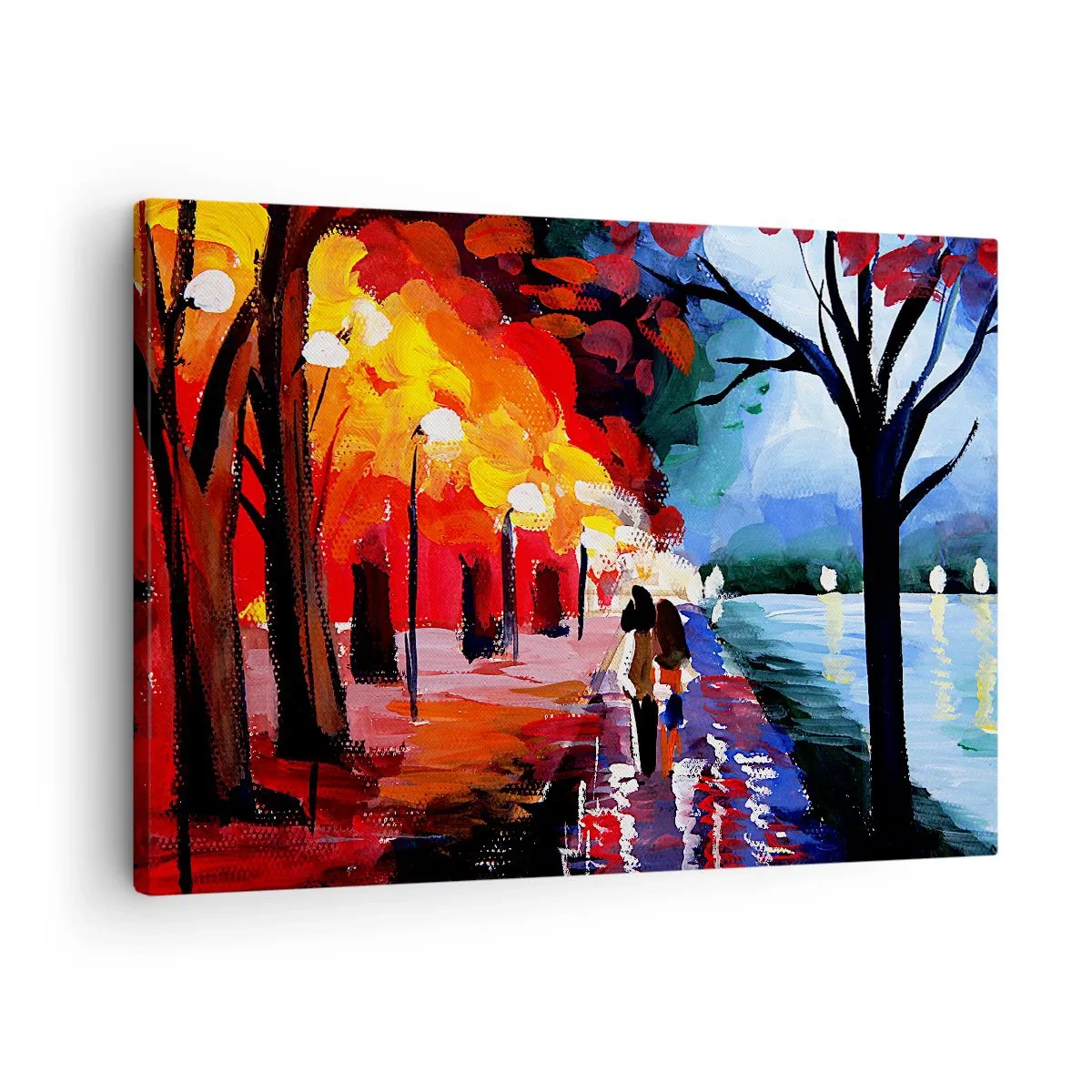 Lærredstryk - Billede på lærred - En efterårstur langs stien med udsigt over vandet - 70x50cm - Flammende efterår i parken - Moderne vægdekoration til stue og soveværelse ARTTOR