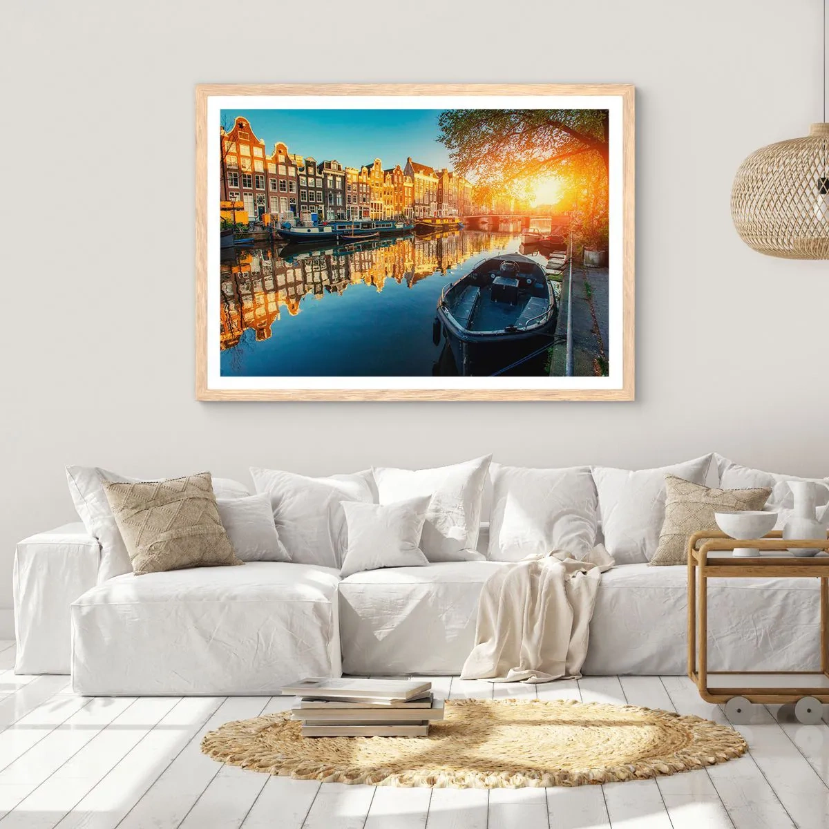 Plakat i ramme af lyst egetræ - Morgen i Amsterdam - 100x70 cm