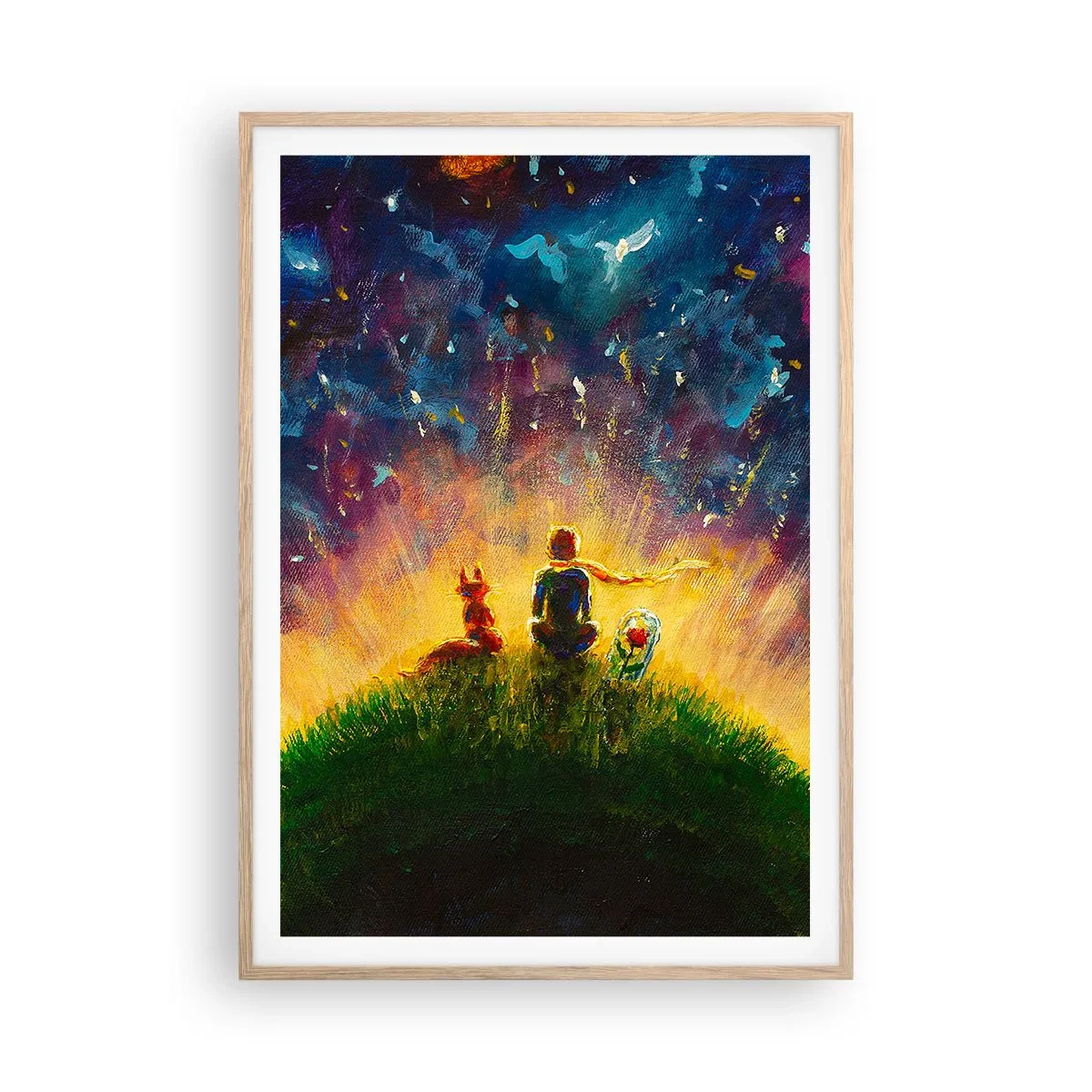 Plakat i ramme af lyst egetræ - Kærlighed og venskab - hele verden - 70x100 cm