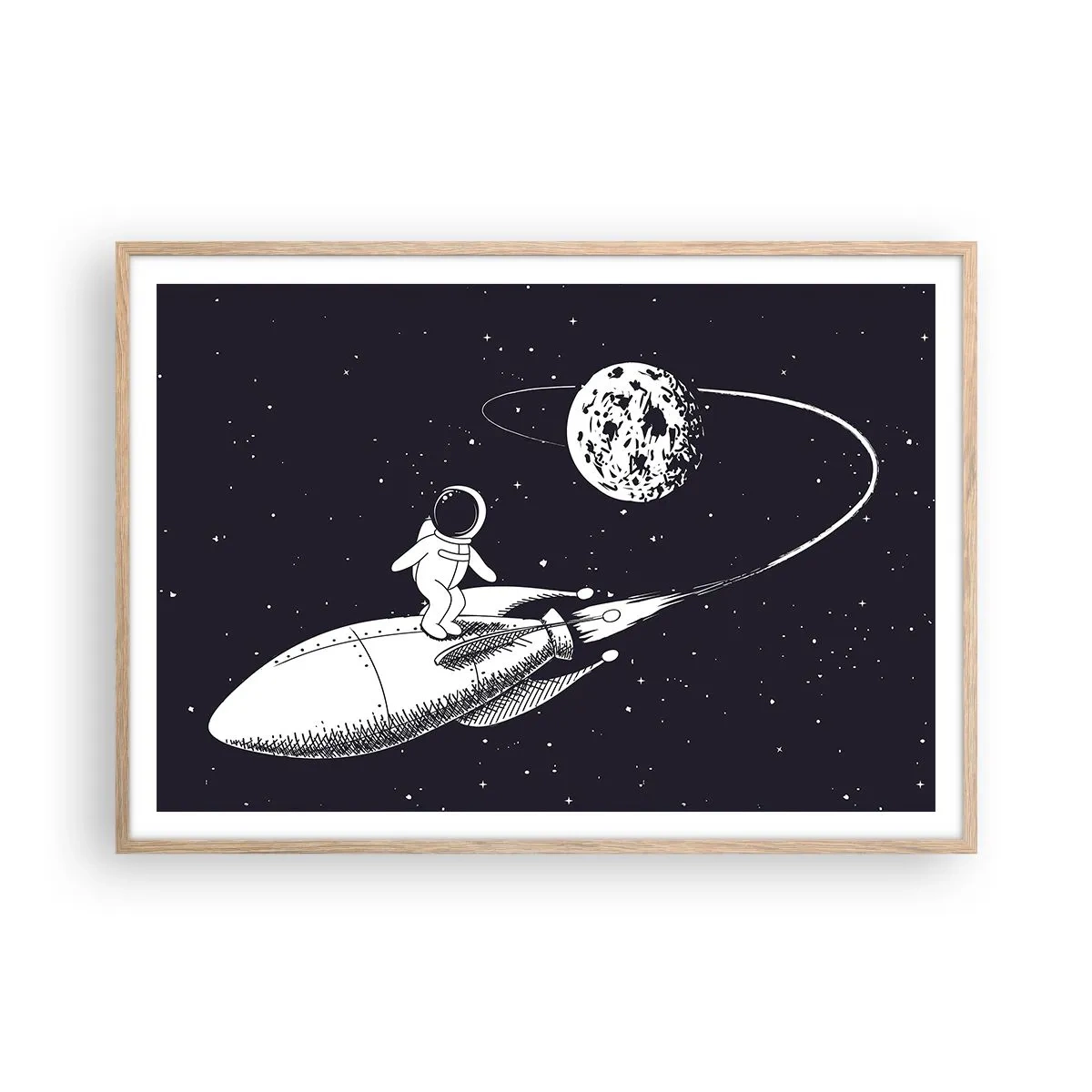 Plakat i ramme af lyst egetræ - Space surfer - 100x70 cm