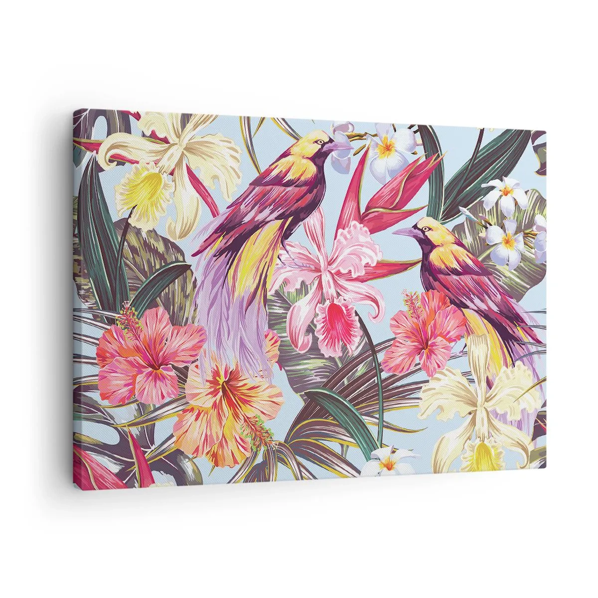 Lærredstryk - Billede på lærred - Eksotiske fugle blandt tropiske blomster - 70x50cm - Kronblade og fjer - Moderne vægdekoration til stue og soveværelse ARTTOR