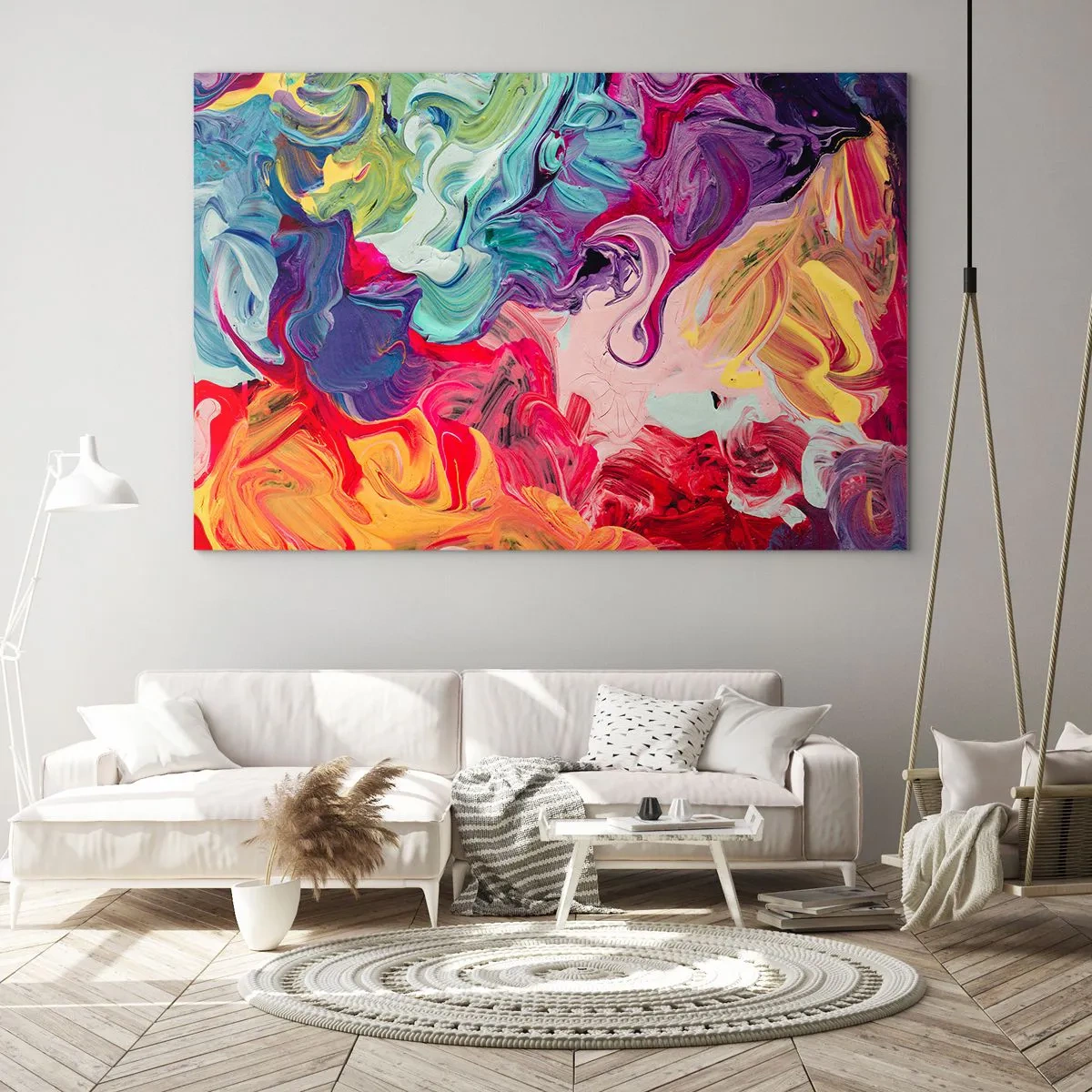 Billede på glas - Abstrakte farverige striber af maling på lærred i intense farver - 70x50cm - Farvernes fødsel - Moderne vægdekoration til stue og soveværelse ARTTOR