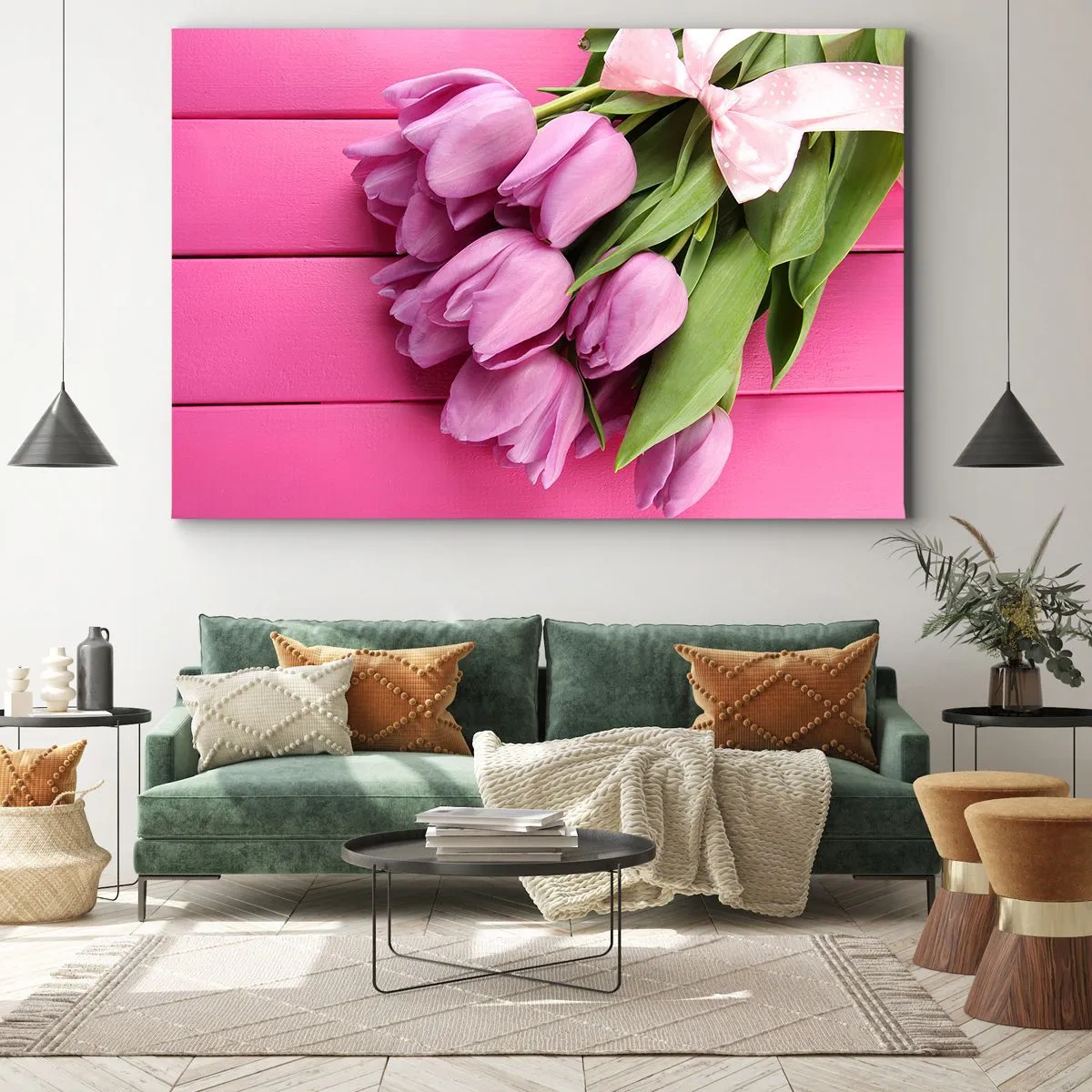 Lærredstryk - Billede på lærred - En buket lyserøde tulipaner med en sløjfe på en lyserød baggrund - 70x50cm - Kun til dig - Moderne vægdekoration til stue og soveværelse ARTTOR