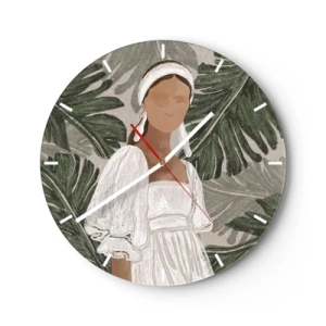 Vægur, Uret - Stiliseret portræt af en kvinde mod en baggrund af tropiske blade. - 30x30cm - Eksotisk portræt - Moderne vægdekoration til stue, køkken og soveværelse ARTTOR