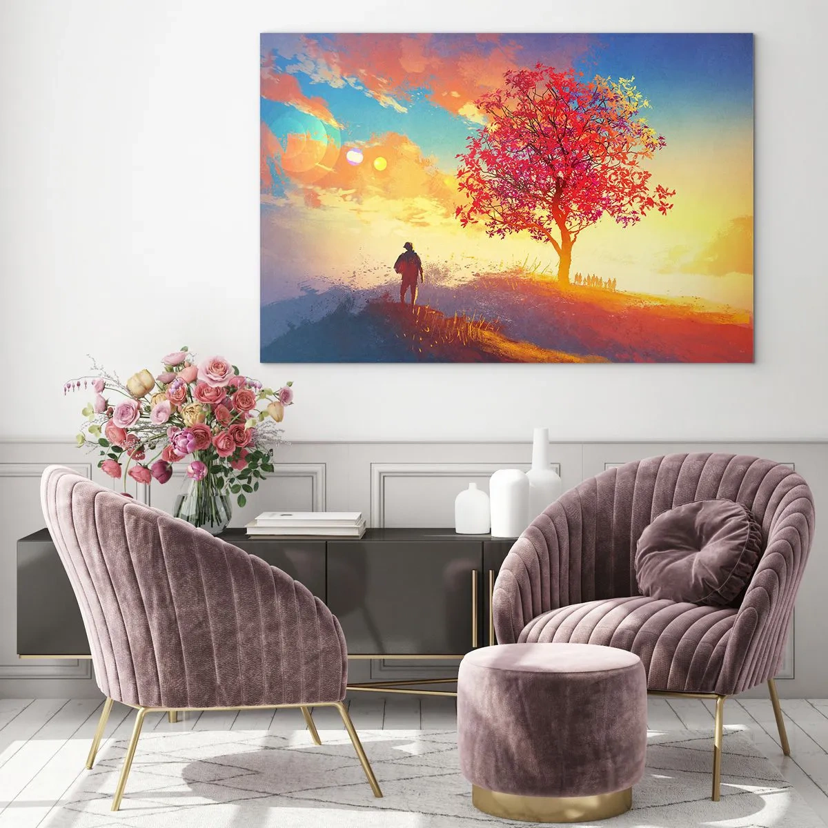 Billede på glas - En figur mod en farverig himmel og et træ i varme farver, baggrund - 70x50cm - Pilgrim på bestemmelsesstedet - Moderne vægdekoration til stue og soveværelse ARTTOR