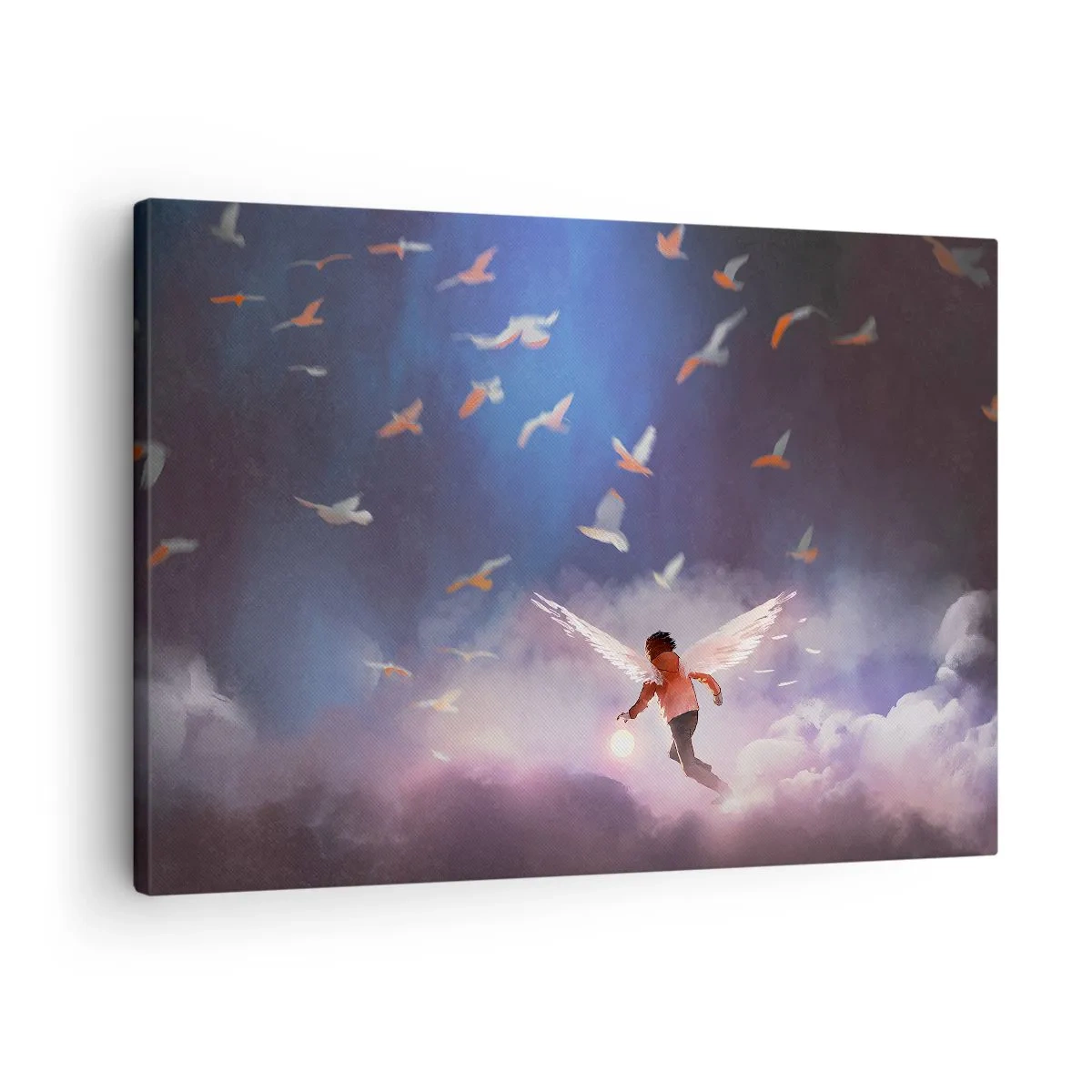 Lærredstryk - Billede på lærred - En figur med englevinger, der svæver blandt fugle på himlen - 70x50cm - Det kræver fantasi og mod - Moderne vægdekoration til stue og soveværelse ARTTOR