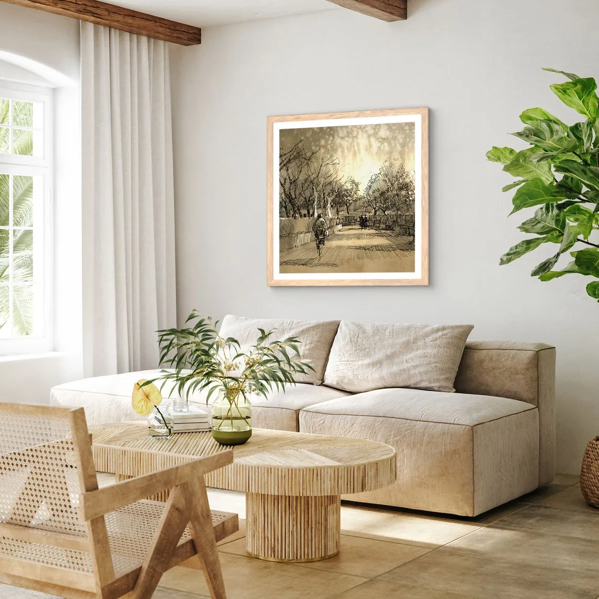 Plakat i ramme af lyst egetræ - Et øjeblik med fjer - 50x50 cm