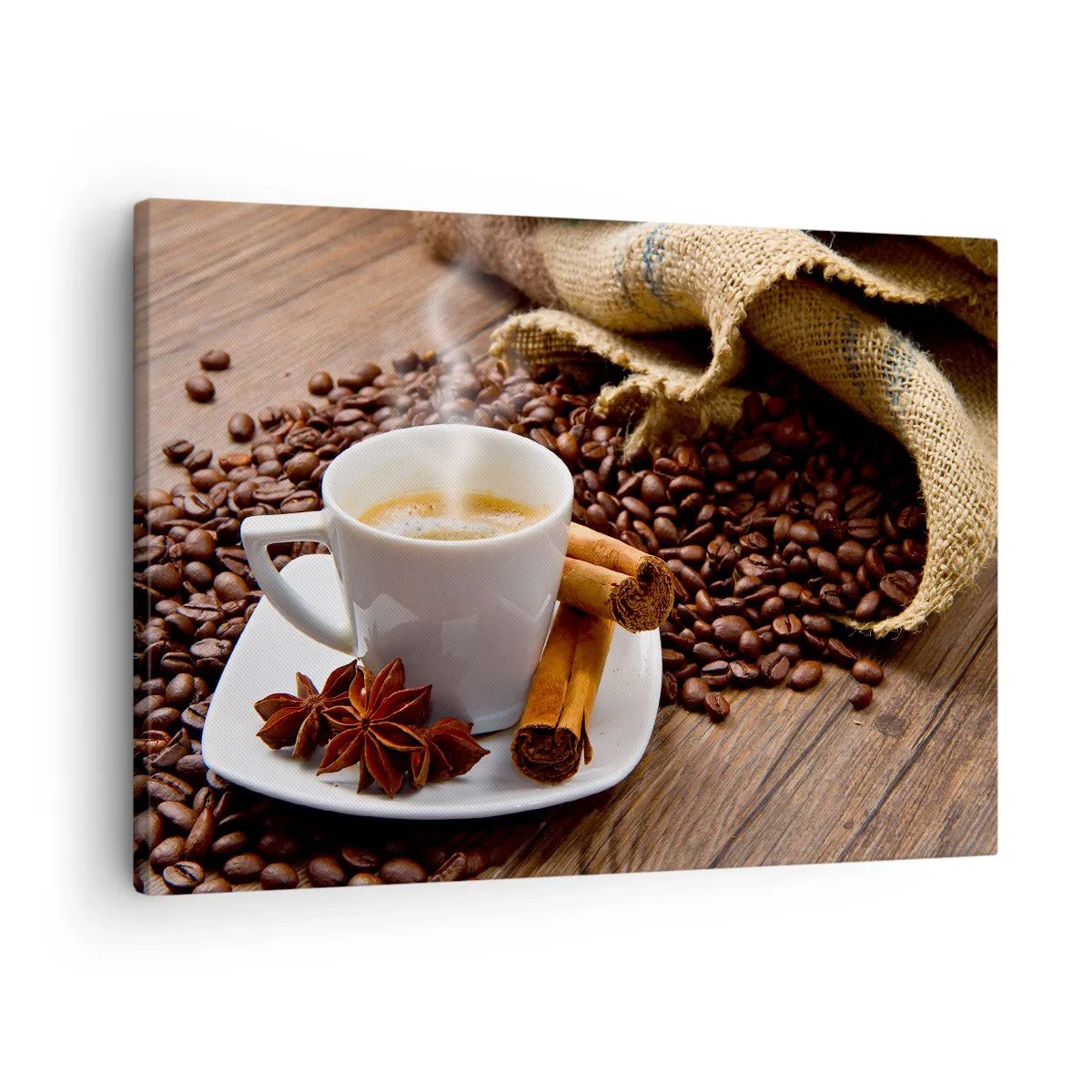 Lærredstryk - Billede på lærred - En kop kaffe med kanel og anis på en baggrund af kaffebønner - 70x50cm - Krydret smag og aroma - Moderne vægdekoration til stue og soveværelse ARTTOR