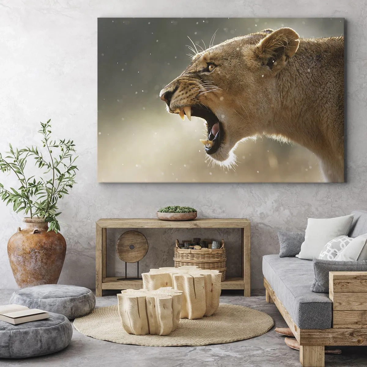 Lærredstryk - Billede på lærred - Portræt af en brølende løvinde i naturligt lys - 70x50cm - Prøv ikke at lytte - Moderne vægdekoration til stue og soveværelse ARTTOR