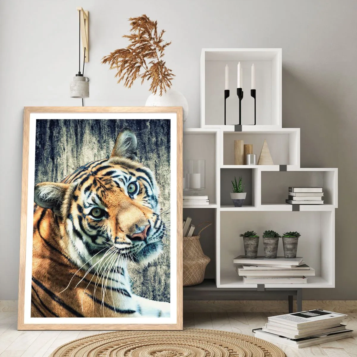 Plakat i ramme af lyst egetræ - Portræt i lysstrømme - 70x100 cm