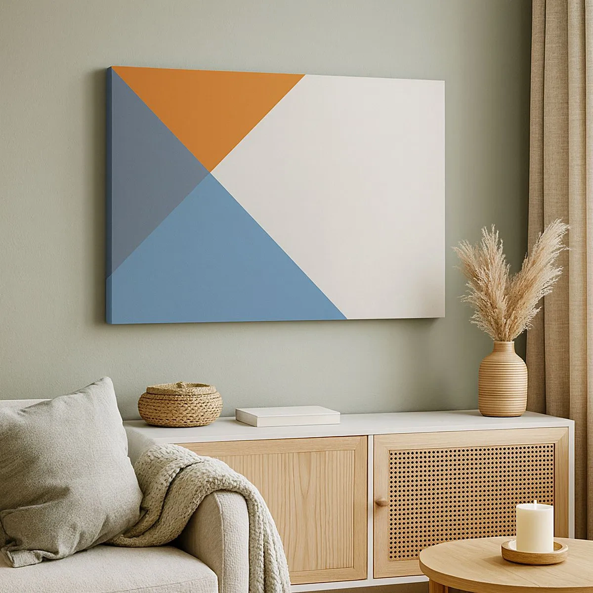 Lærredstryk - Billede på lærred - Geometriske trekanter i nuancer af blå og orange - 70x50cm - Med hensyn til ... - Moderne vægdekoration til stue og soveværelse ARTTOR